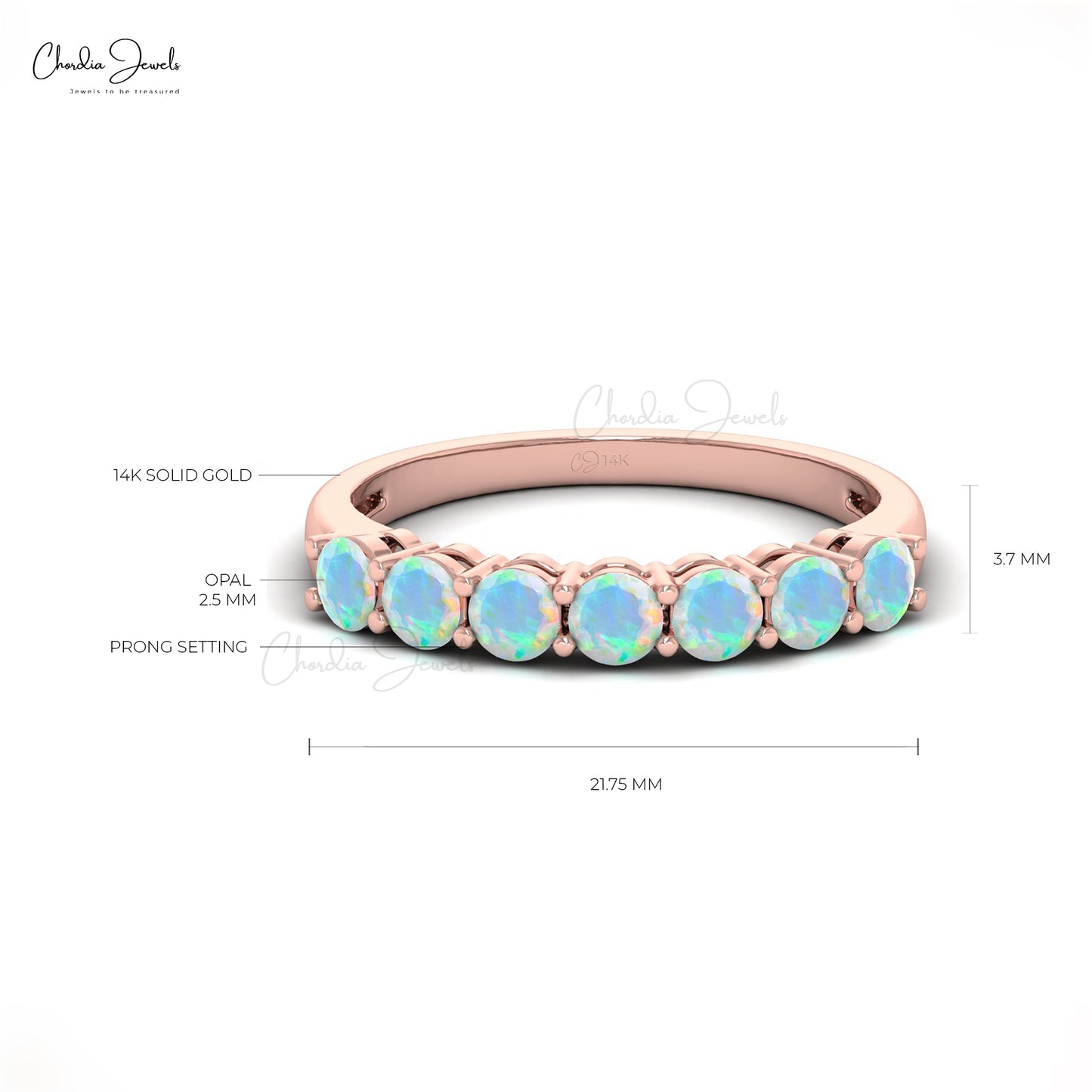 3mm Round Cut Natural Opal Half Eternity Band Ring, Gemstone Band For Women in 14k Solid Gold