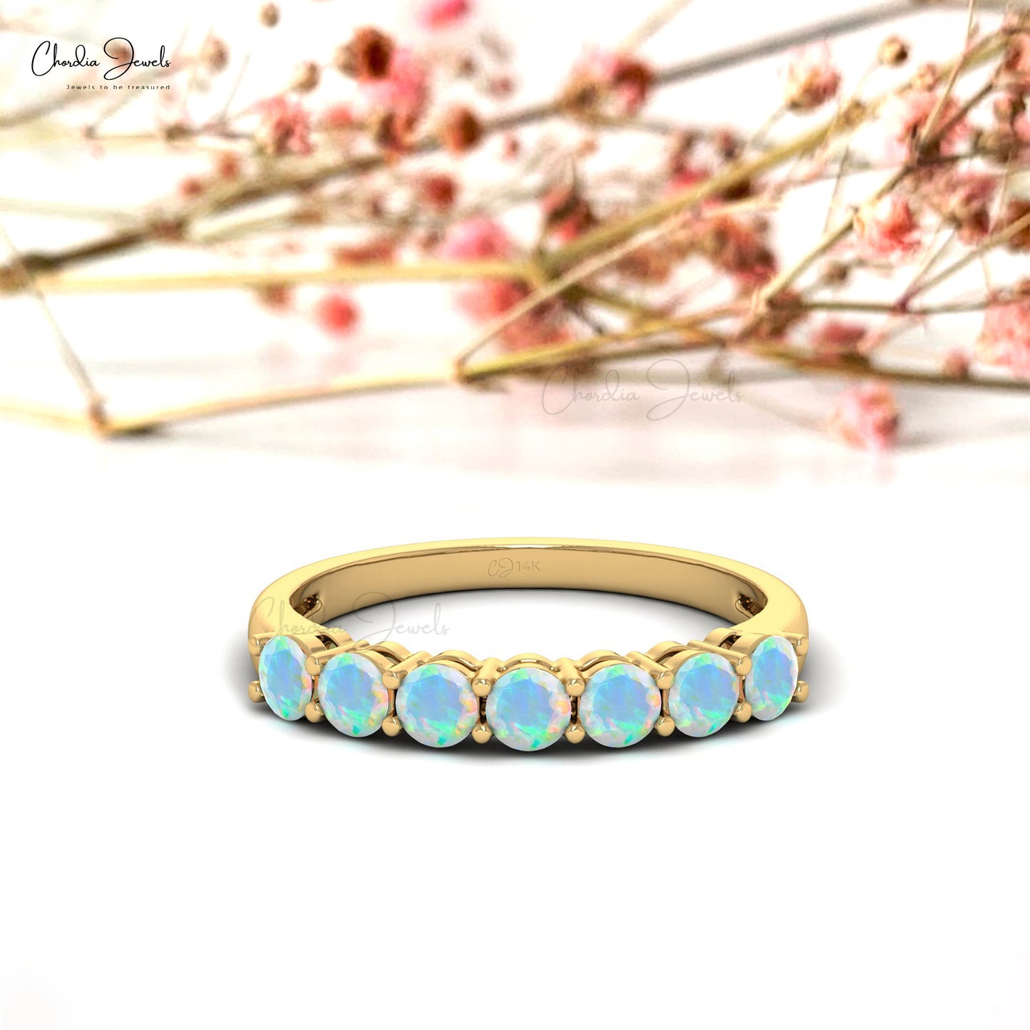 Real 14k Gold 7 Stone Band In 0.56 Ct Fire Opal October Birthstone Wedding Ring