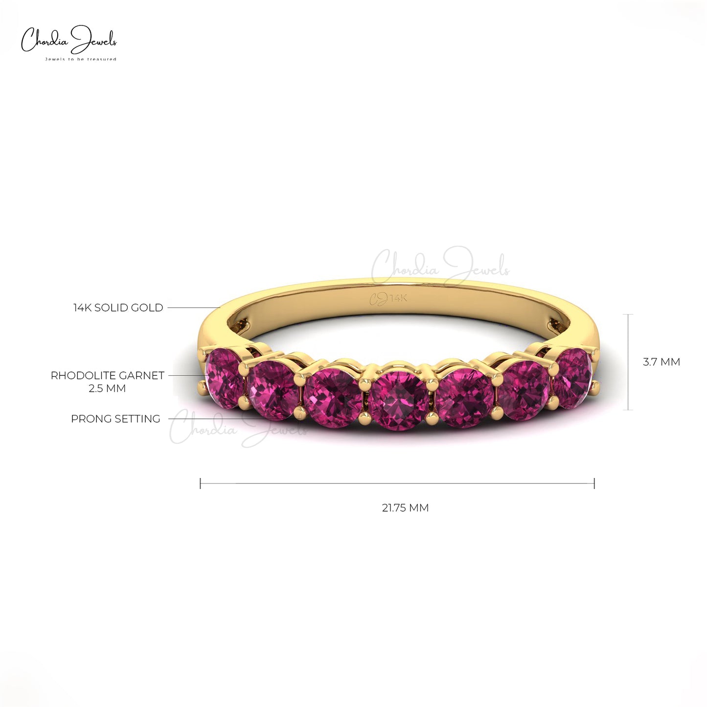 Dainty Seven Stone Ring With 3mm Rhodolite Garnet Prong Set In 14k Real Gold Jewelry