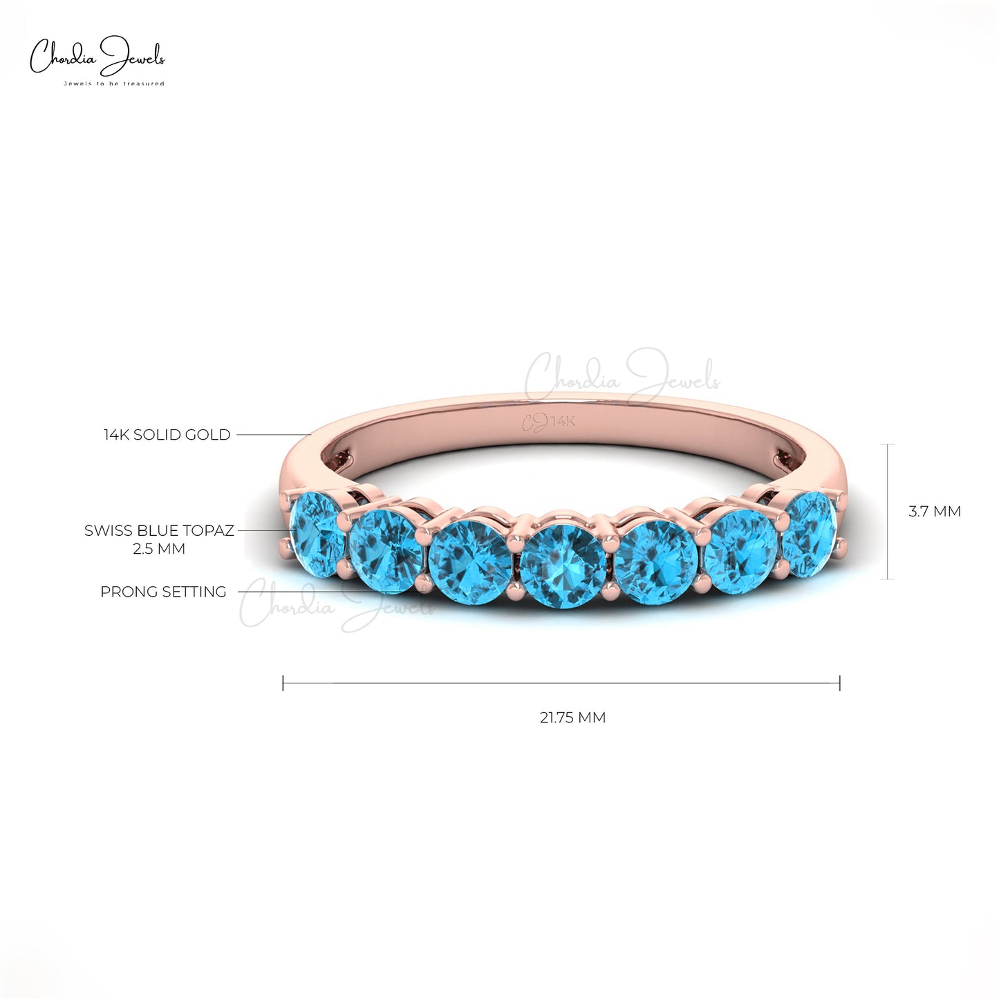 Load image into Gallery viewer, December Birtstone Natural Swiss Blue Topaz Half Eternity Band in 14k Solid Gold, 3mm Round Gemstone Band Ring For Wedding Gift
