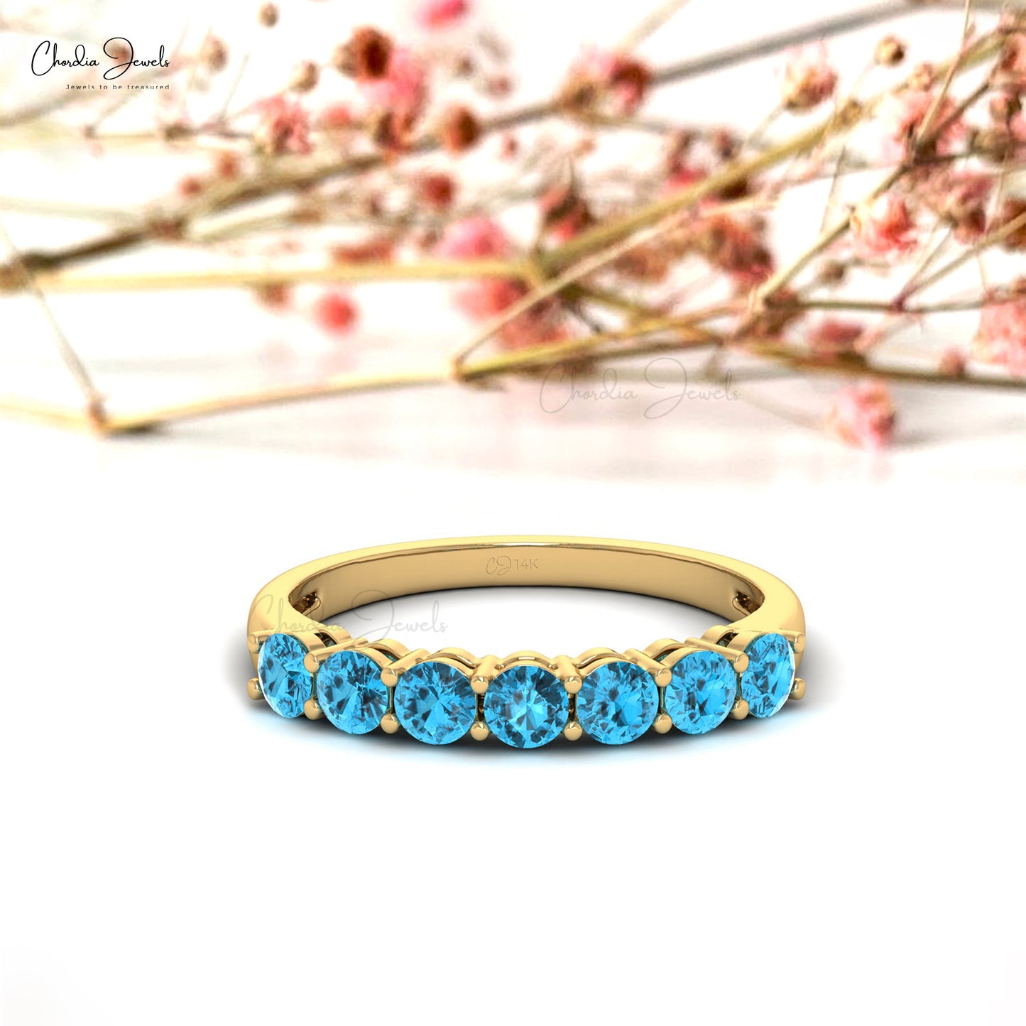 Load image into Gallery viewer, December Birtstone Natural Swiss Blue Topaz Half Eternity Band in 14k Solid Gold, 3mm Round Gemstone Band Ring For Wedding Gift
