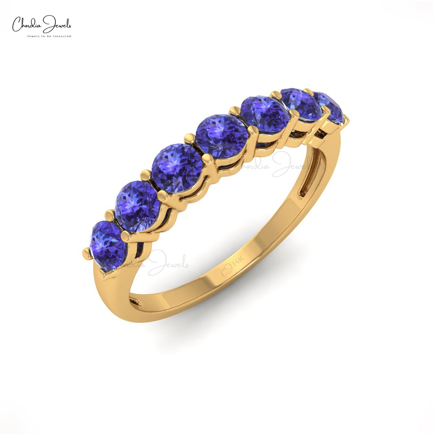 Seven Stone Stackable Ring With Tanzanite Gemstone 14k Real Gold Thin Band Anniversary Ring