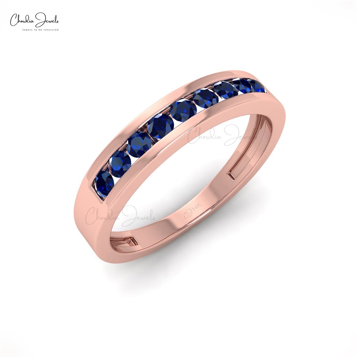 Stackable 14k Solid Gold Band With 0.27Ct Round Blue Sapphire Half Eternity Ring