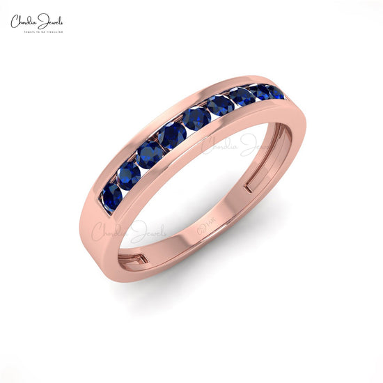 Stackable 14k Solid Gold Band With 0.27Ct Round Blue Sapphire Half Eternity Ring