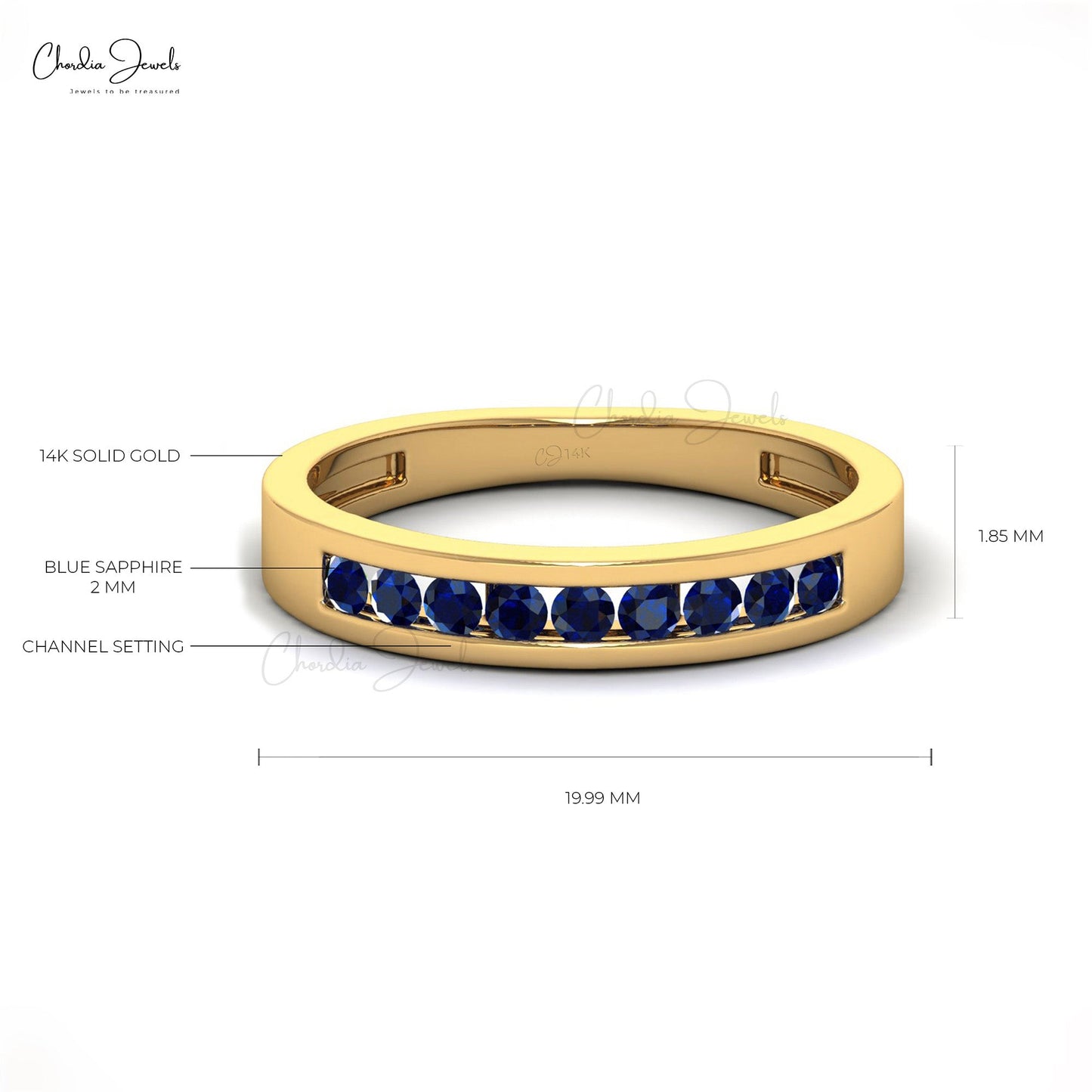 Stackable 14k Solid Gold Band With 0.27Ct Round Blue Sapphire Half Eternity Ring