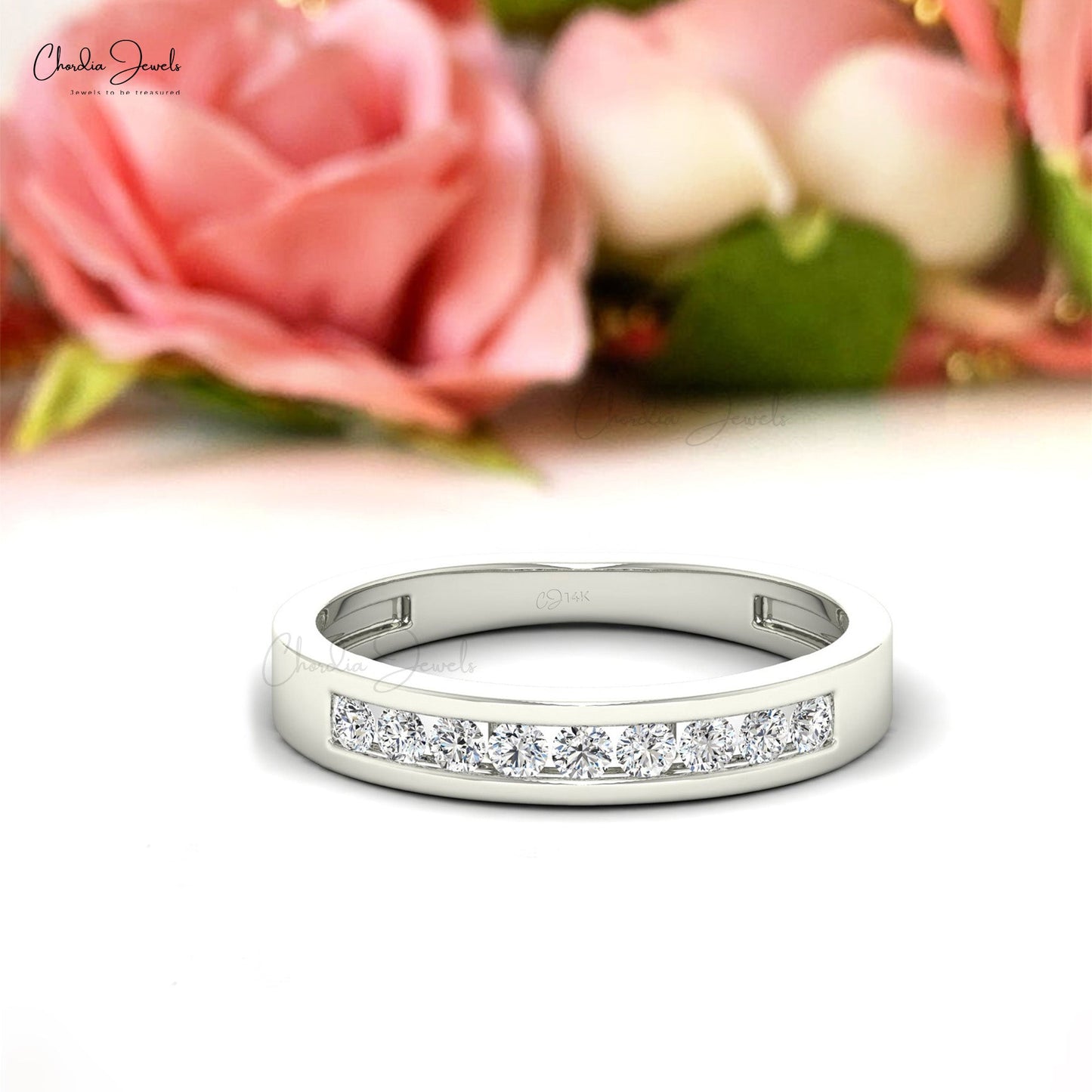 Channel Set Stack Ring With 2mm White Diamond Half Eternity Band In 14k Pure Gold