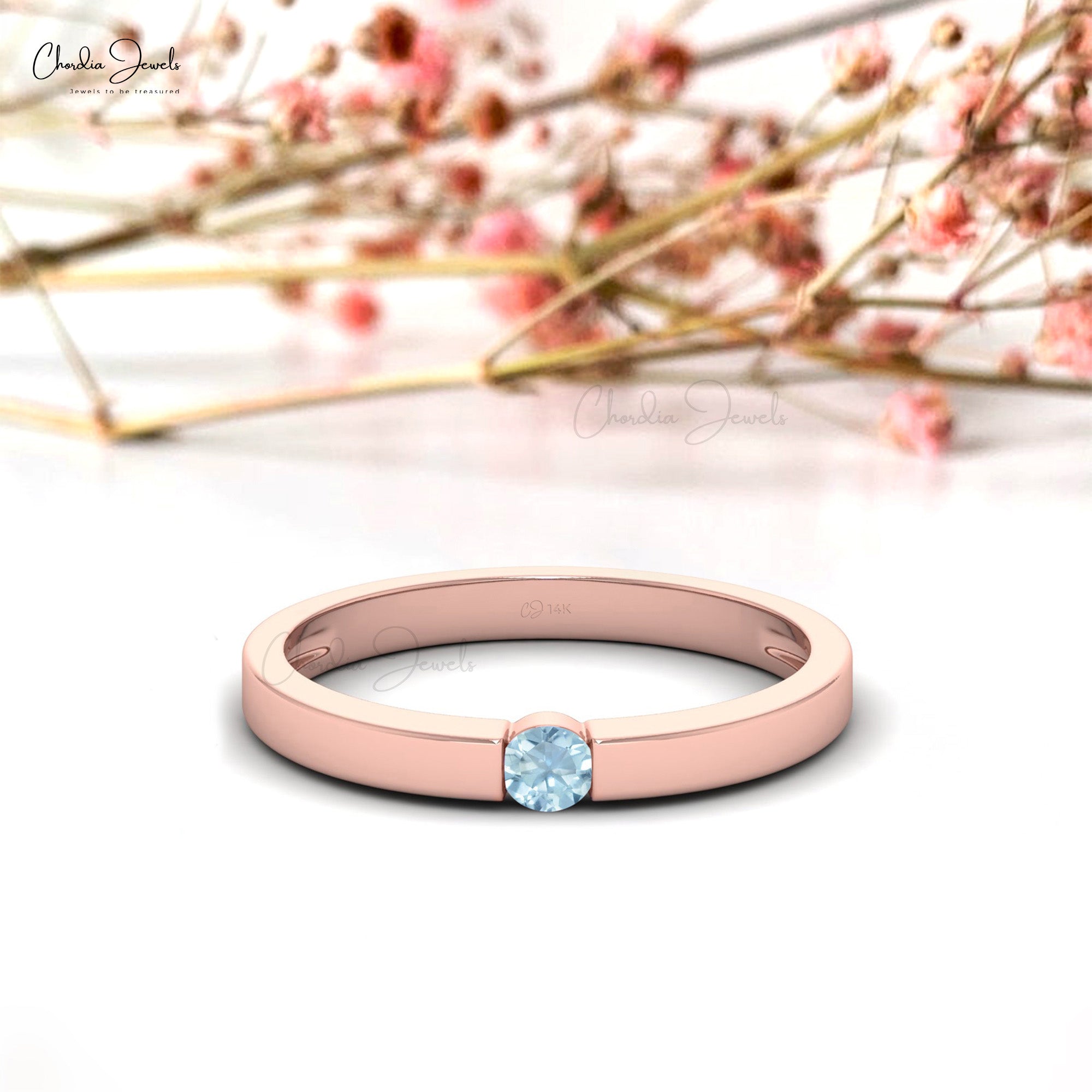 Natural 3mm Round Cut Aquamarine Ring For Women