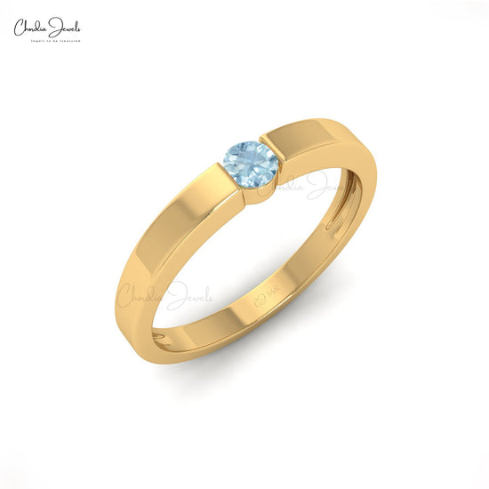 Natural 3mm Round Cut Aquamarine Ring For Women