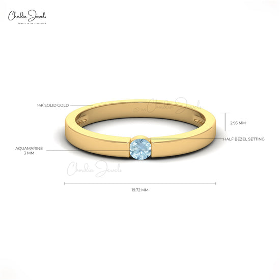 Natural 3mm Round Cut Aquamarine Ring For Women