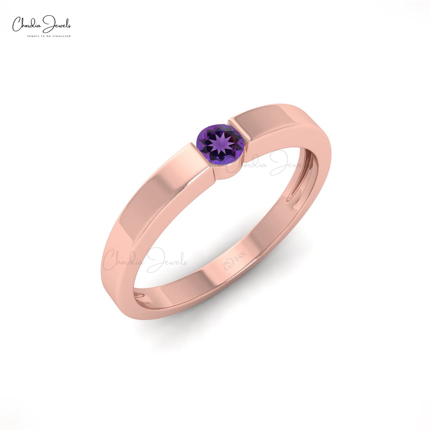 Natural 0.10ct Amethyst Gemstone Solitaire Ring 14K Solid Gold Simple Birthstone Ring