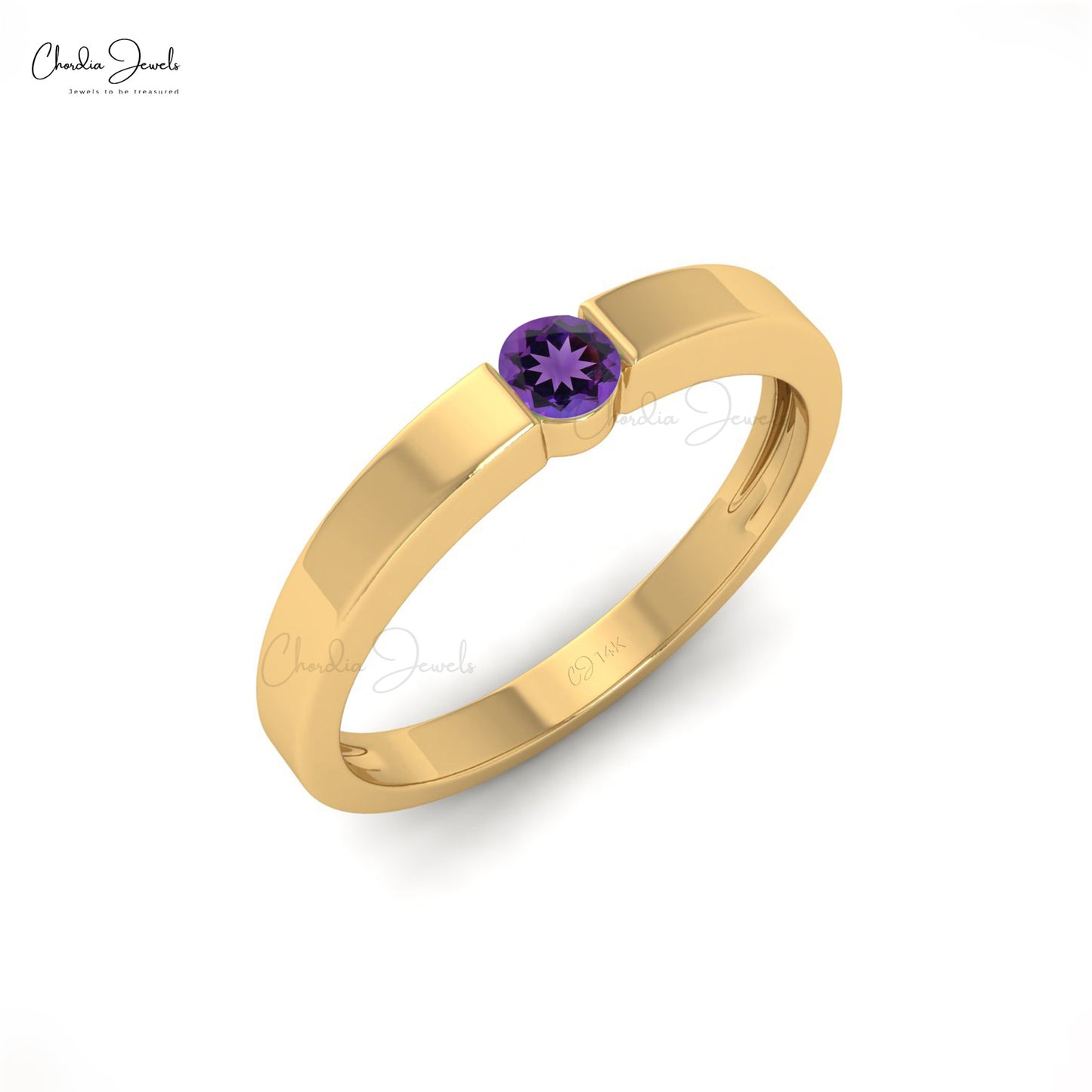 Natural 0.10ct Amethyst Gemstone Solitaire Ring 14K Solid Gold Simple Birthstone Ring
