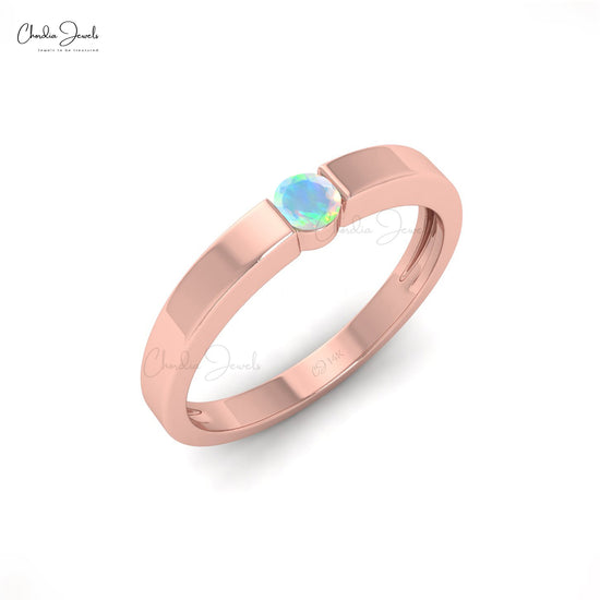 Natural 3mm Round Cut Ethiopian Opal Dainty Ring, 14K Solid Gold Sharing Prong Gemstone Solitaire Ring