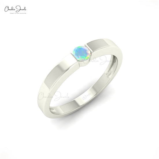 Natural 3mm Round Cut Ethiopian Opal Dainty Ring, 14K Solid Gold Sharing Prong Gemstone Solitaire Ring