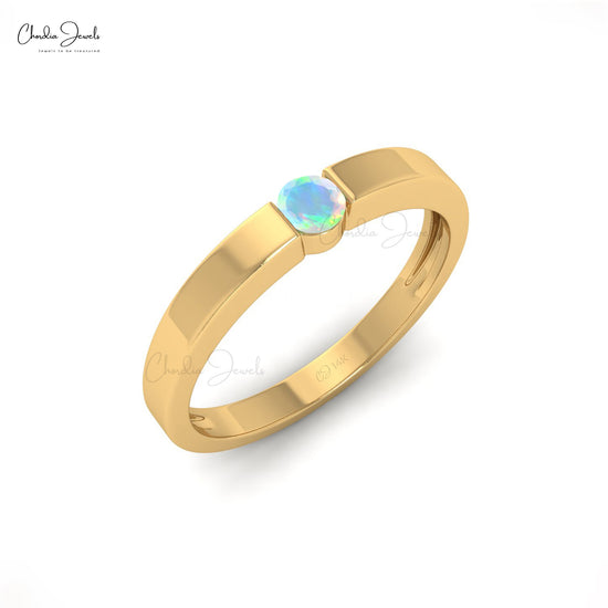 Natural 3mm Round Cut Ethiopian Opal Dainty Ring, 14K Solid Gold Sharing Prong Gemstone Solitaire Ring