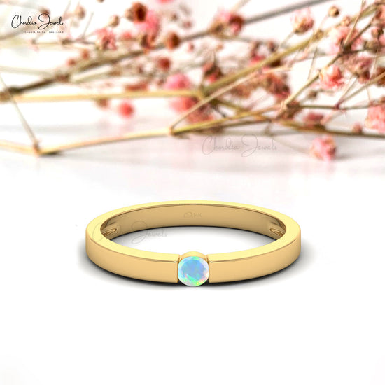 Natural 3mm Round Cut Ethiopian Opal Dainty Ring, 14K Solid Gold Sharing Prong Gemstone Solitaire Ring