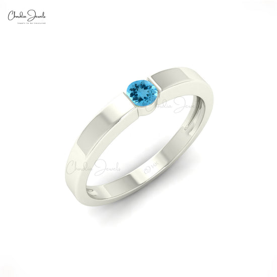 Natural 3mm Round Cut Swiss Blue Topaz Solitaire Ring, 14k Solid Gold Gemstone Ring For Anniversary Gift