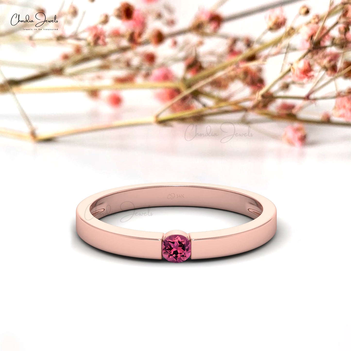 Load image into Gallery viewer, Natural 3mm Round Cut Pink Tourmaline Solitaire Ring For Her, 14K Solid Gold Sharing Prong Gemstone Solitaire Ring For Birthday Gift
