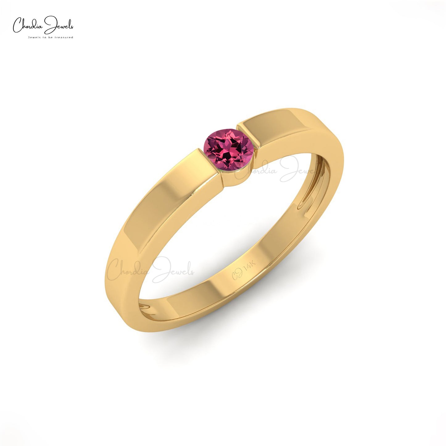 Natural 3mm Pink Tourmaline Solitaire 14K Solid Gold Round Cut Ring