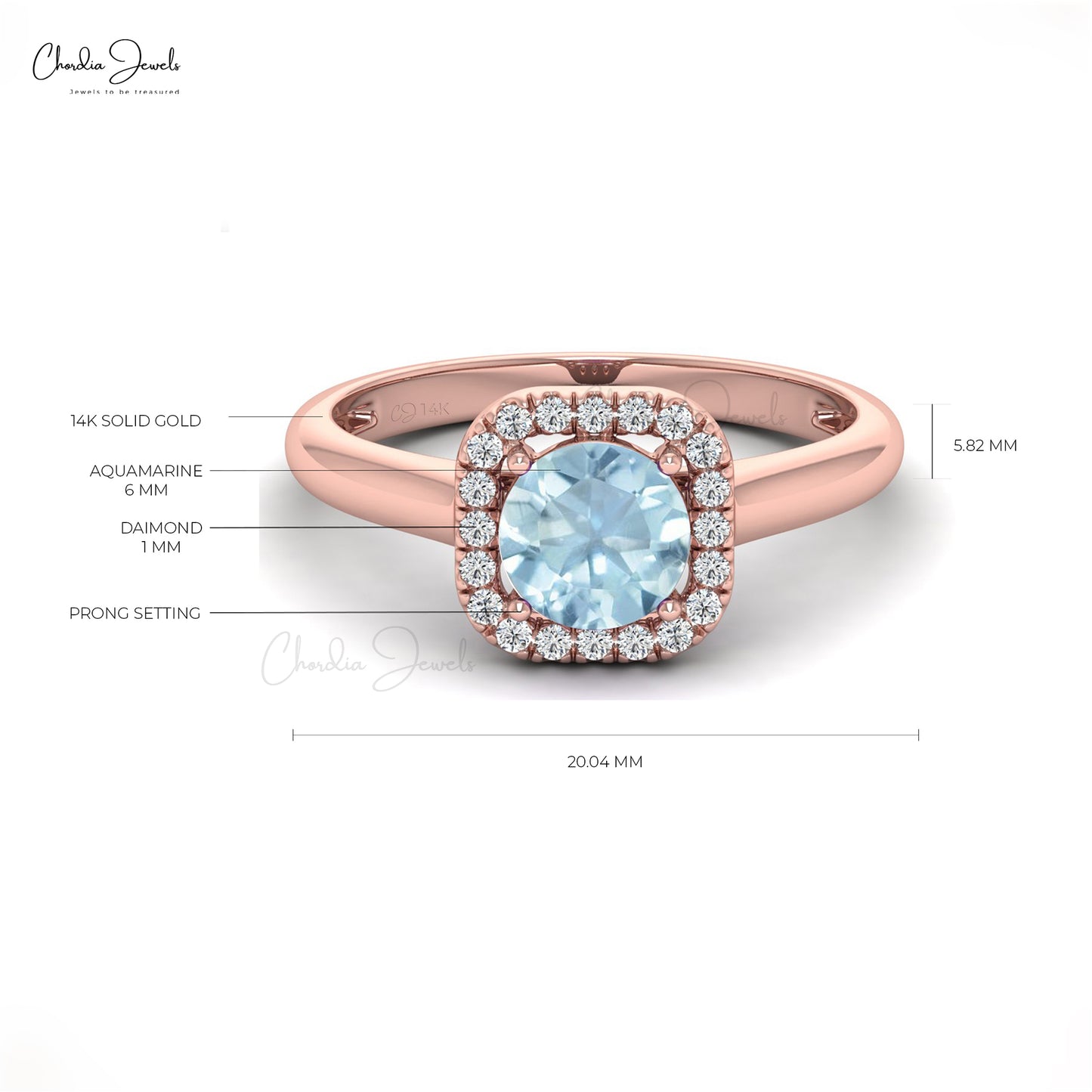 Natural Aquamarine and Diamond Halo Ring in 14k Solid Gold