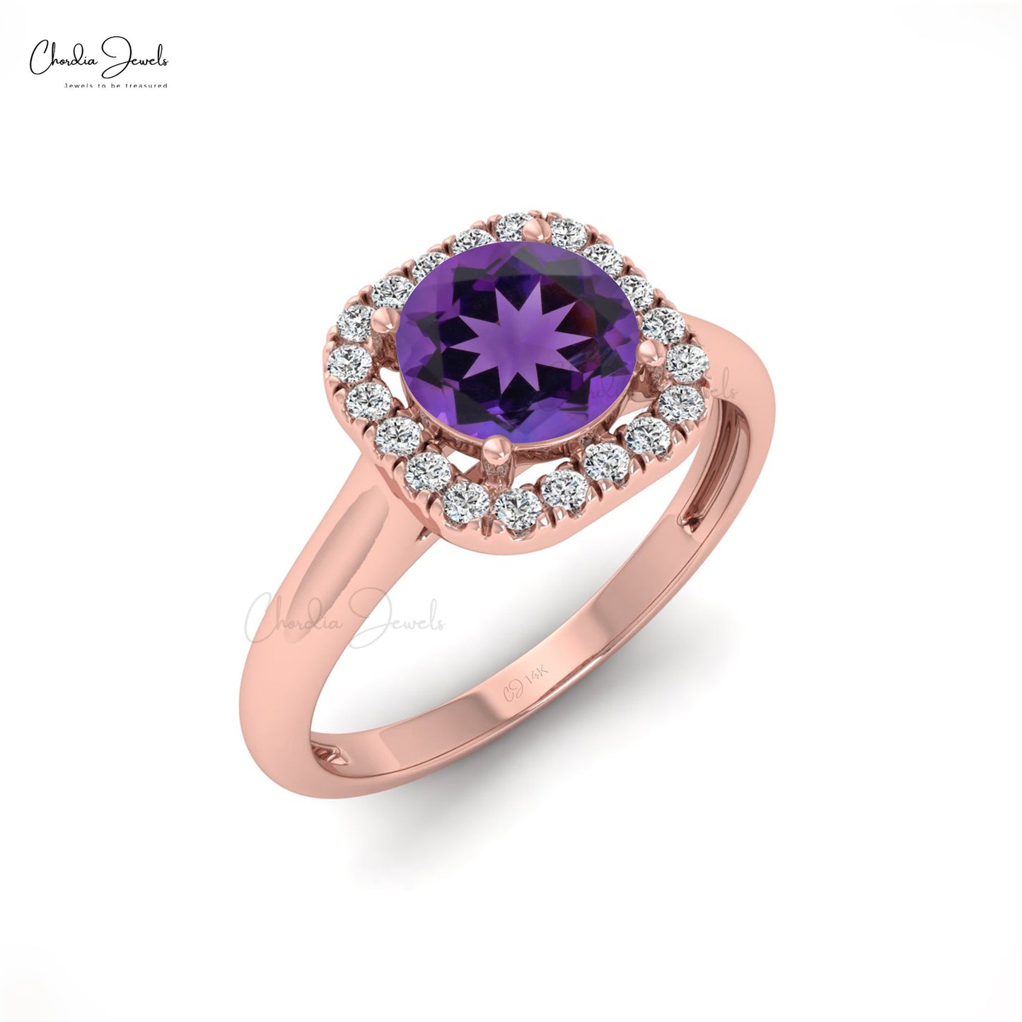 Solid 14k Gold Amethyst Gemstone Ring Genuine Diamond Halo Light Weight Anniversary Ring