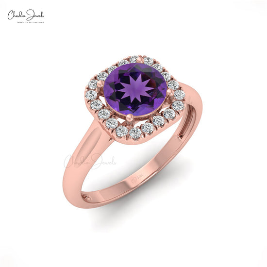 Load image into Gallery viewer, Solid 14k Gold Amethyst Gemstone Ring Genuine Diamond Halo Light Weight Anniversary Ring
