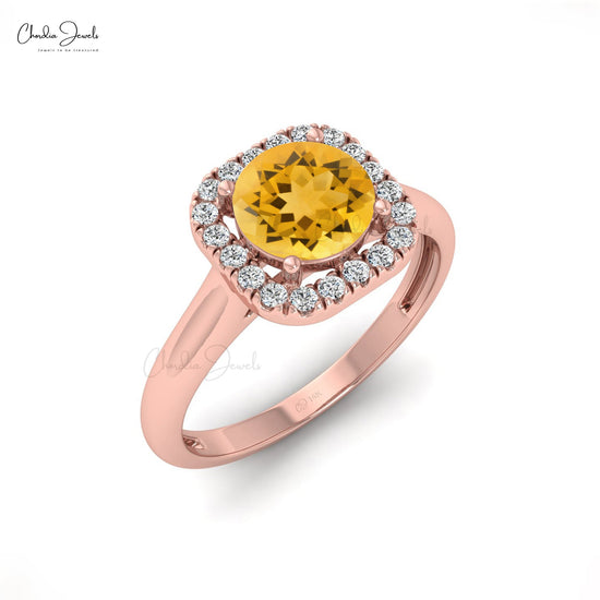 Load image into Gallery viewer, 6MM Citrine &amp;amp; Round Cut Diamond Halo Ring In 14K Gold

