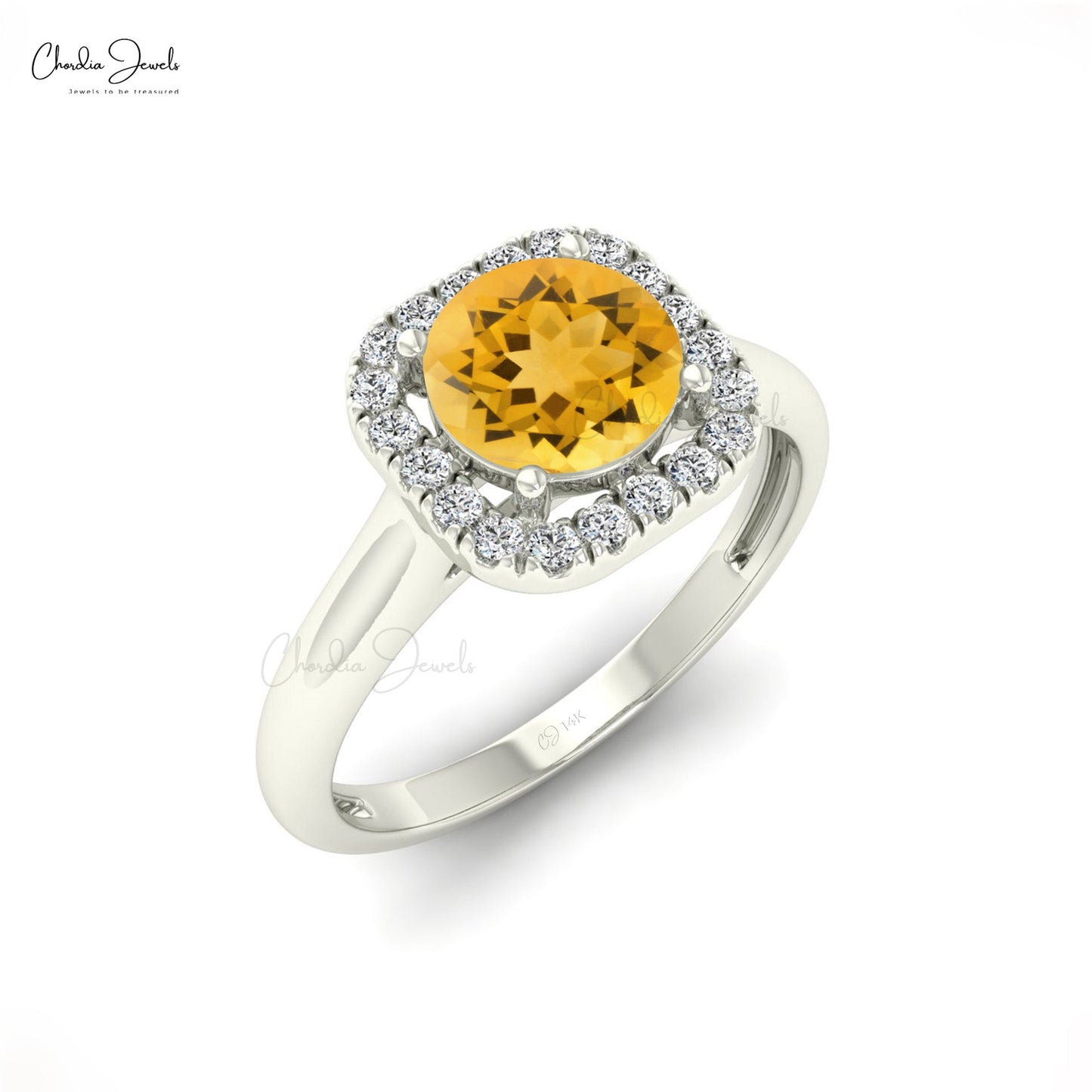 6MM Citrine & Round Cut Diamond Halo Ring In 14K Gold