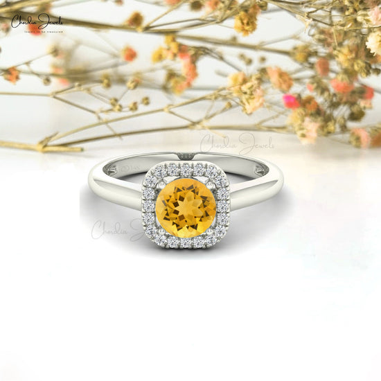 6MM Citrine & Round Cut Diamond Halo Ring In 14K Gold