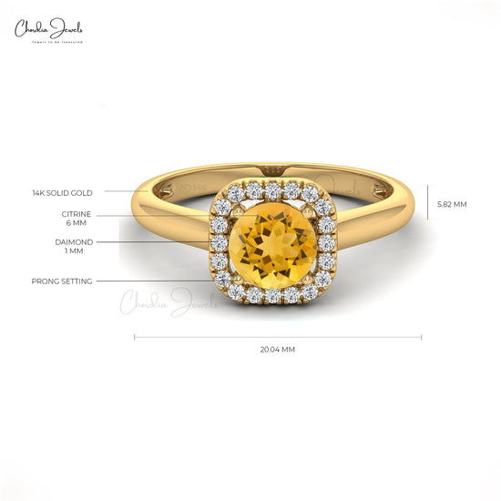 6MM Citrine & Round Cut Diamond Halo Ring In 14K Gold