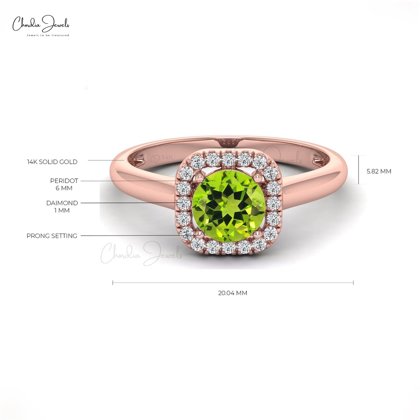 Dainty Round Cut Natural Peridot And Diamond Halo Ring