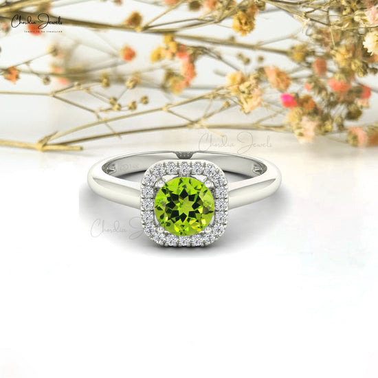 Dainty Round Cut Natural Peridot And Diamond Halo Ring