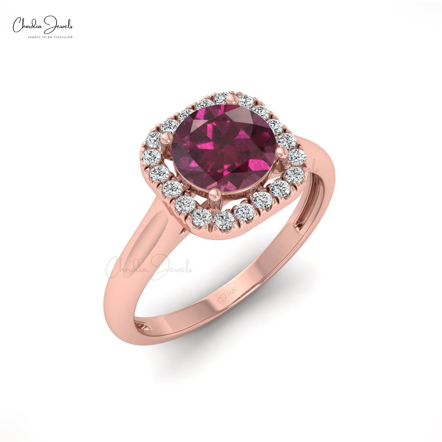 Round Cut Halo Ring In 14k Solid Gold Rhodolite Garnet Diamond Wedding Rings For Her