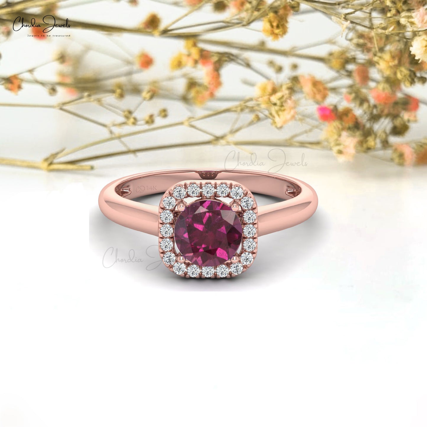 6mm Round Cut Rhodolite Garnet Dainty Ring For Women, 14k Solid Gold Natural Gemstone and Diamond Halo Ring