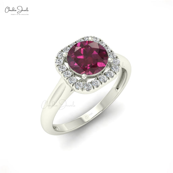 6mm Round Cut Rhodolite Garnet Dainty Ring For Women, 14k Solid Gold Natural Gemstone and Diamond Halo Ring