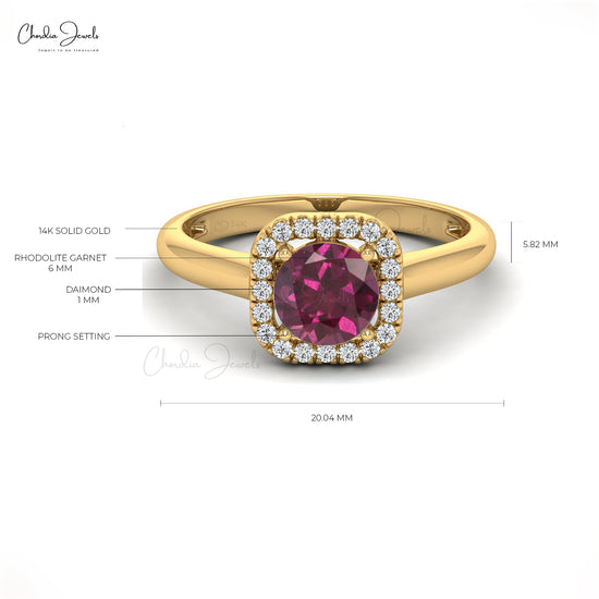 6mm Round Cut Rhodolite Garnet Dainty Ring For Women, 14k Solid Gold Natural Gemstone and Diamond Halo Ring