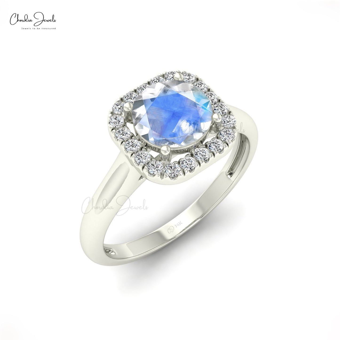 June Birthstone Rainbow Moonstone Classic Halo Ring Rainbow Moonstone White Gold US 7