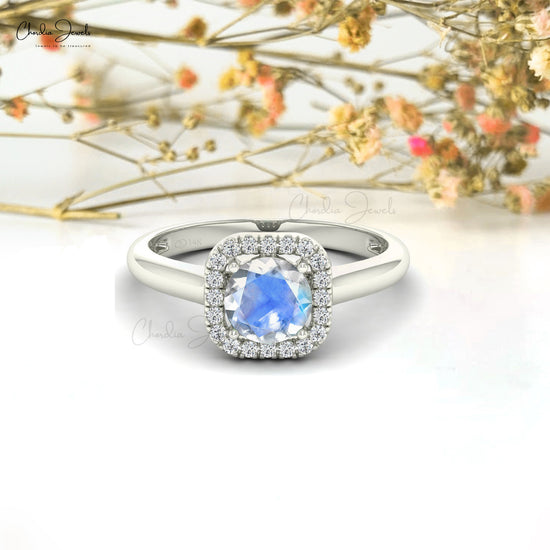 June Birthstone Rainbow Moonstone Classic Halo Ring