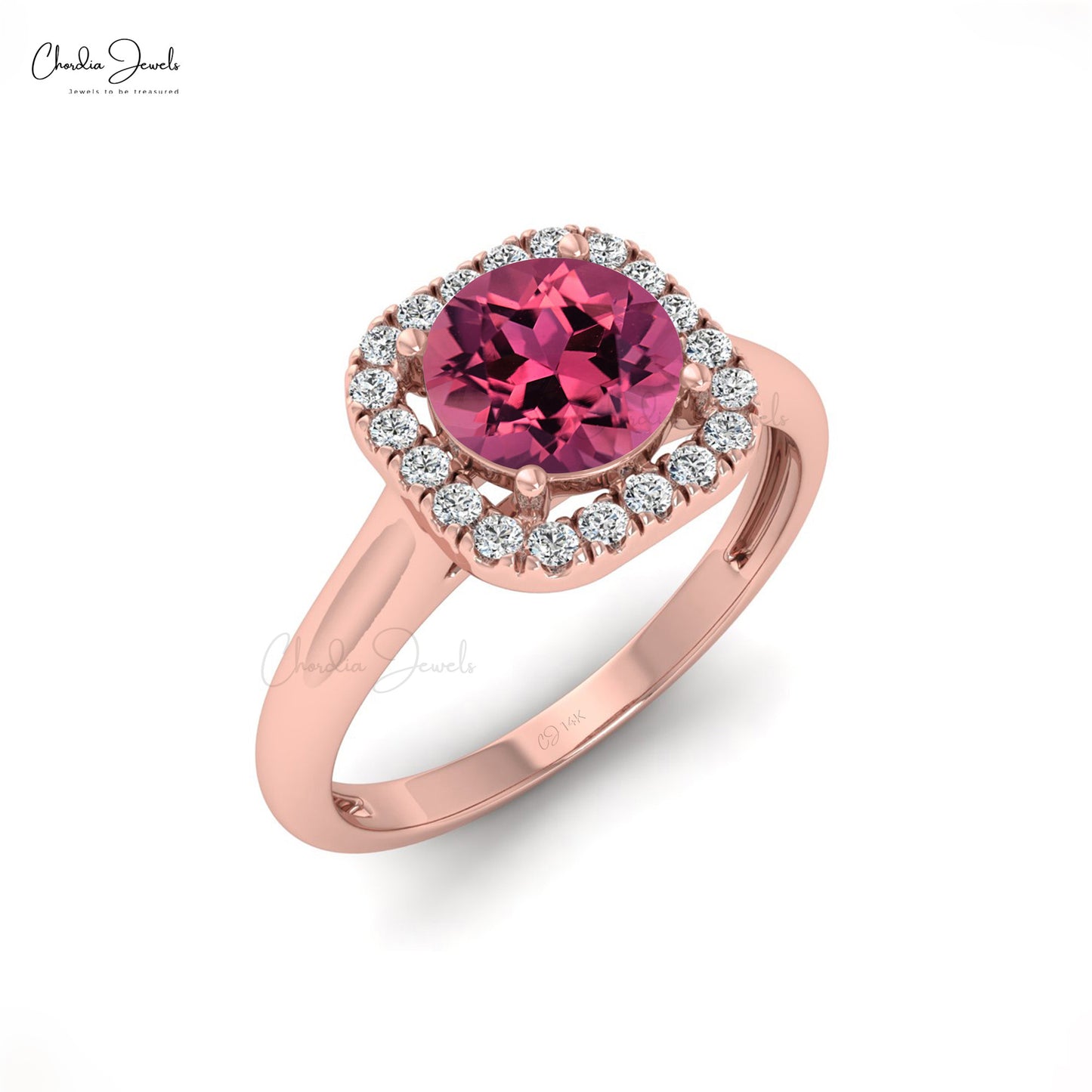 6mm Round Cut Natural Pink Tourmaline and Diamond Dainty Ring, 14k Solid Gold Sharing Prong Gemstone Ring For Her