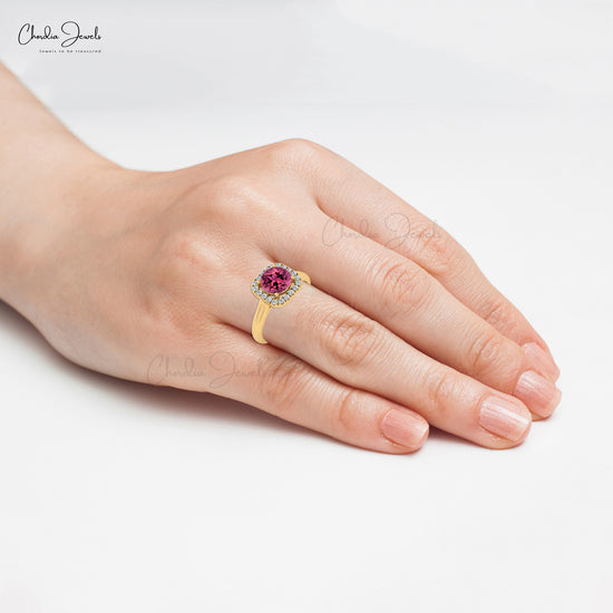 Load image into Gallery viewer, 6mm Round Cut Natural Pink Tourmaline and Diamond Dainty Ring, 14k Solid Gold Sharing Prong Gemstone Ring For Her
