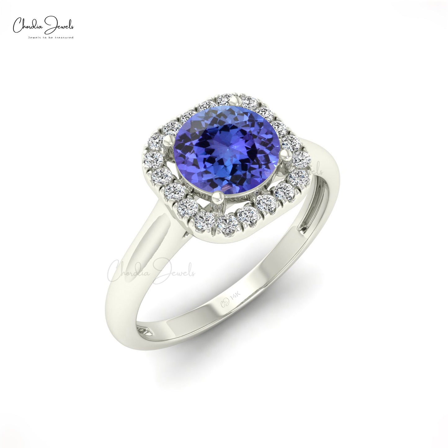 Dazzling Tanzanite Gemstone Dainty Ring 14k Real Gold Diamond Halo Light Weight Ring For Her