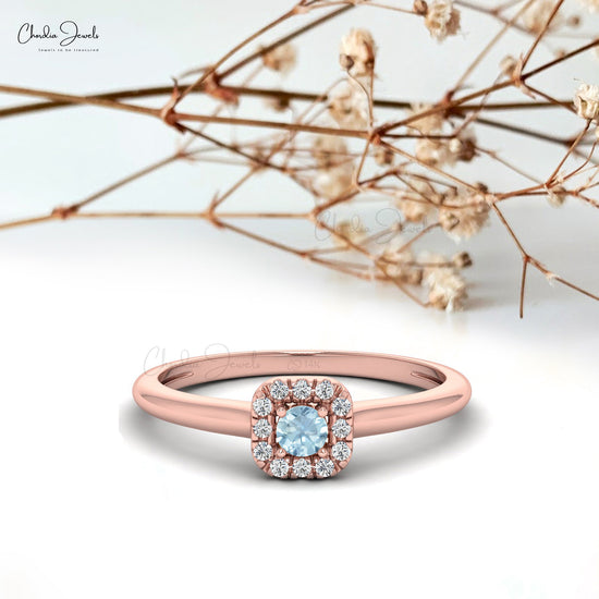 Load image into Gallery viewer, Round Cut Natural Aquamarine Halo Ring in 14k Solid Gold
