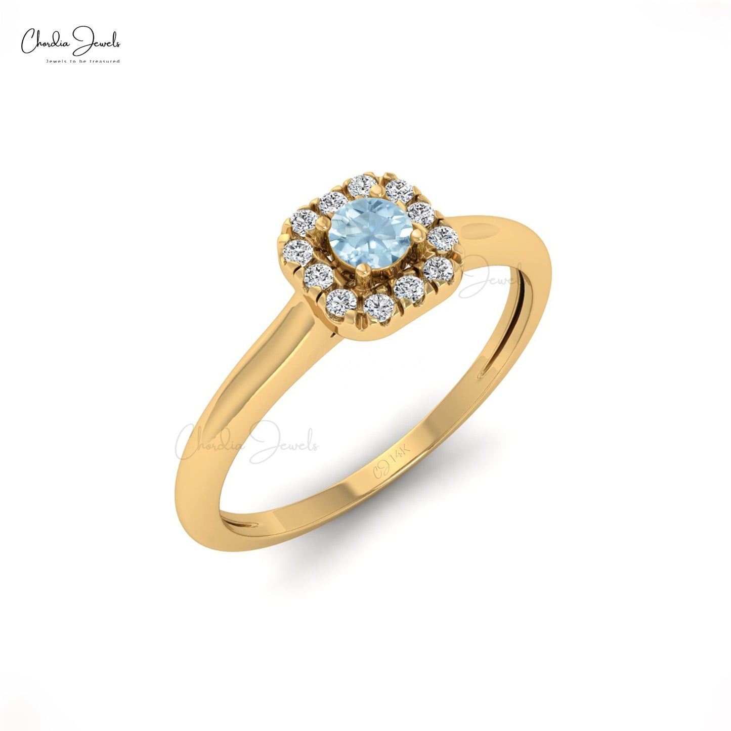 Round Cut Natural Aquamarine Halo Ring in 14k Solid Gold