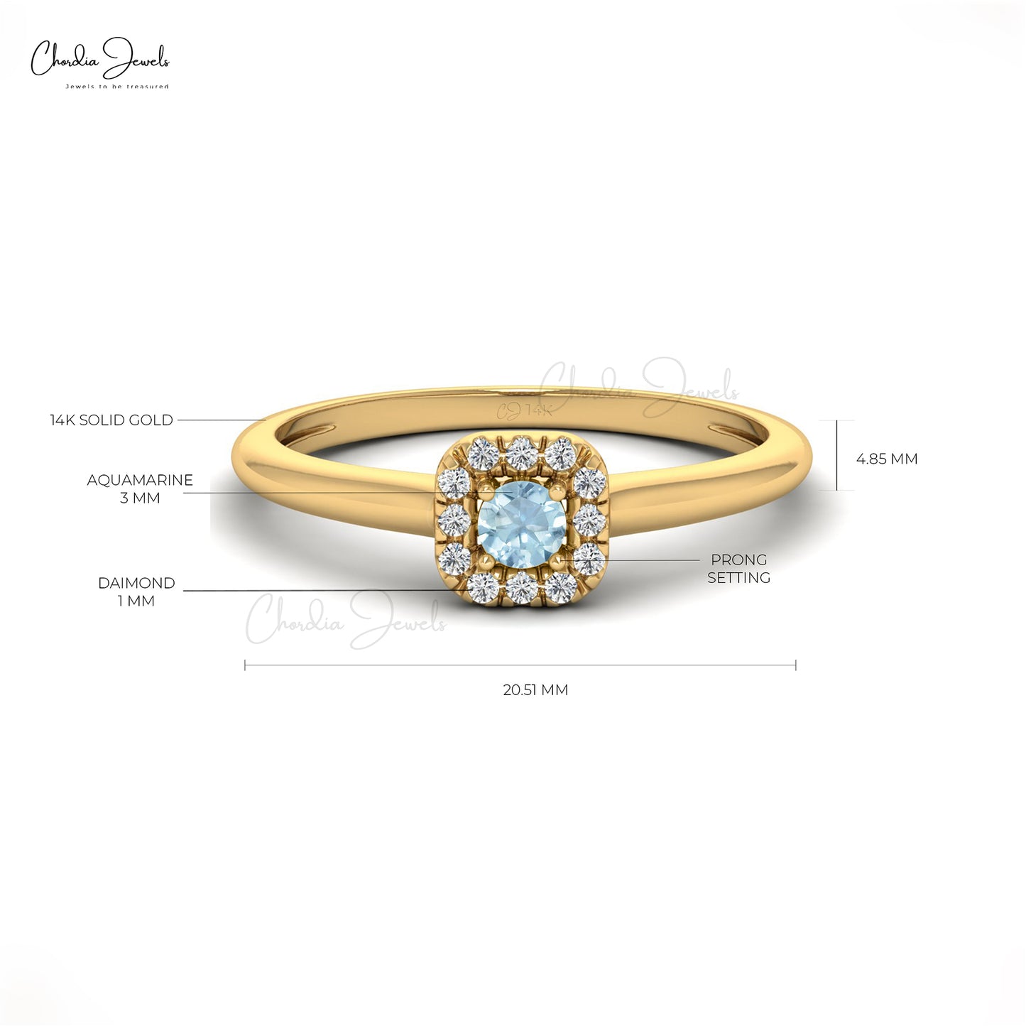 Round Cut Natural Aquamarine Halo Ring in 14k Solid Gold