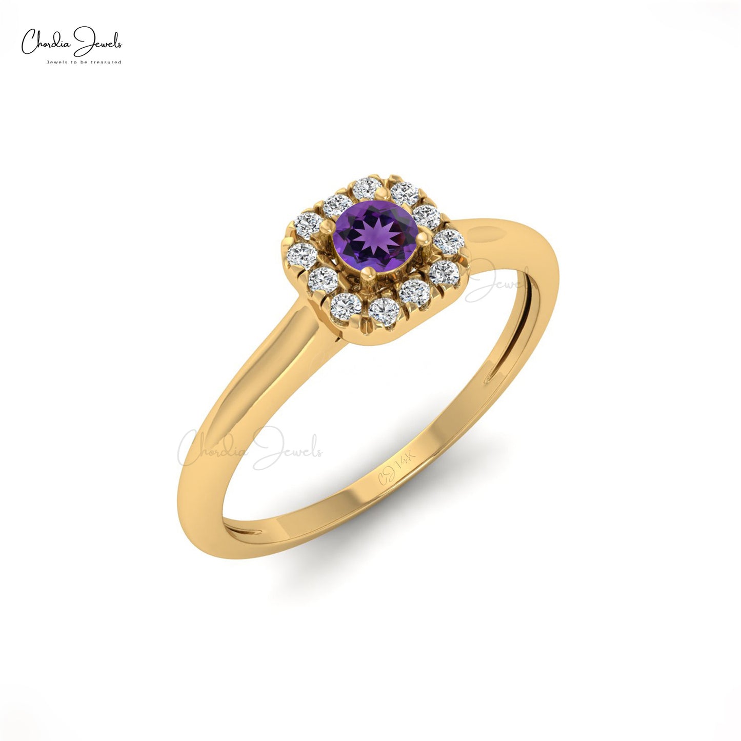 Natural 3mm Amethyst Gemstone Minimalist Ring 14k Gold Diamond Halo Ring For Valentine's Day