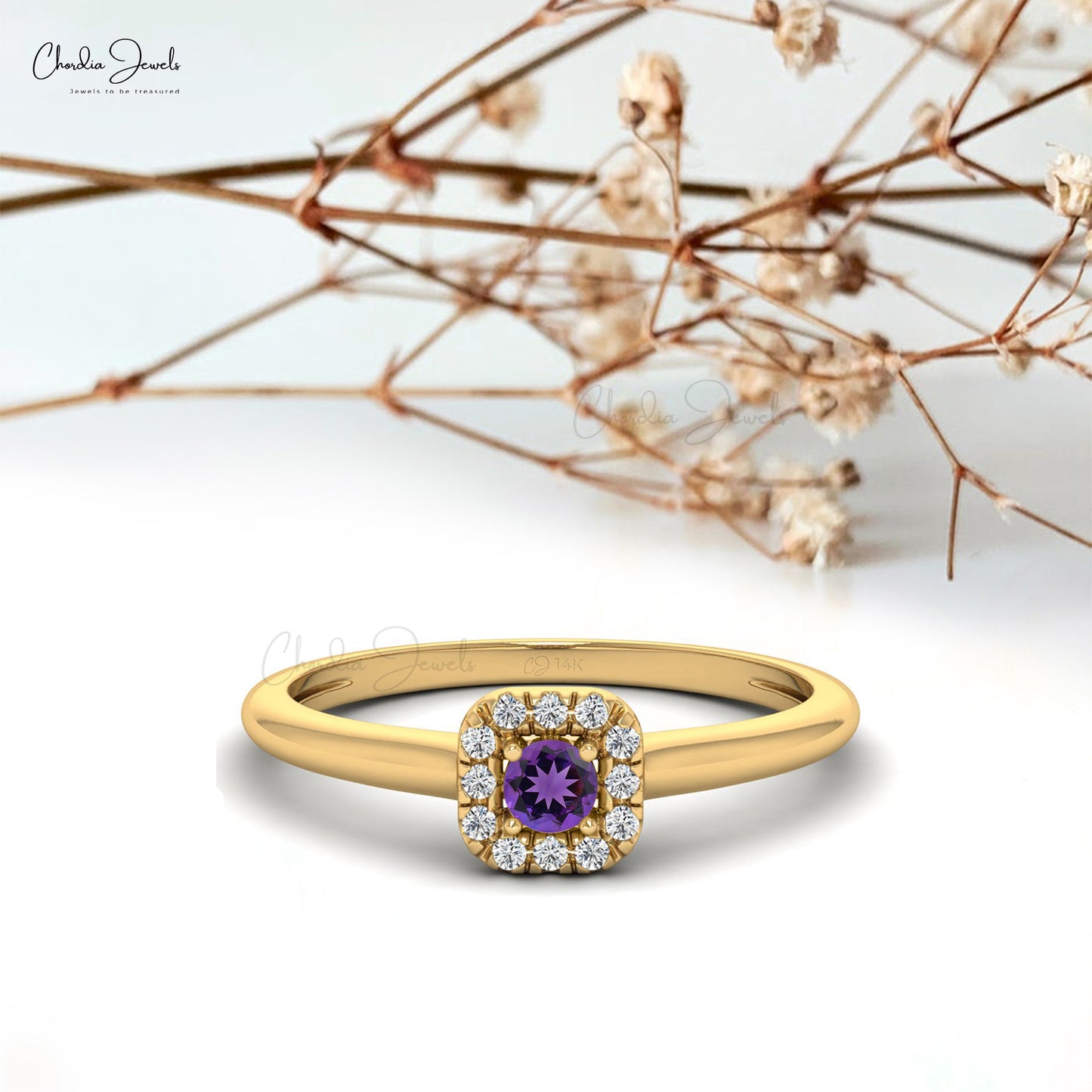Natural Purple Amethyst Halo Ring For Women in 14k Solid Gold