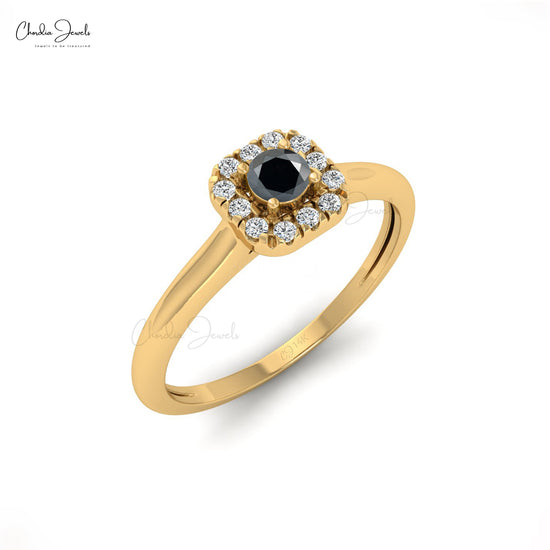 Natural 3mm Round Cut Black Diamond and White Diamond Halo Ring, 14k Solid Gold Dainty Ring For Women
