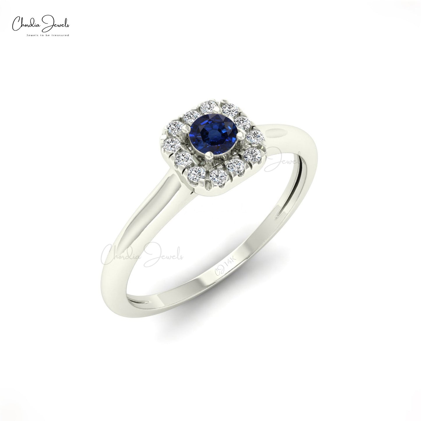 September Birthstone 3mm Round Cut Natural Blue Sapphire and Diamond Halo Ring For Engagement in 14k Solid Gold