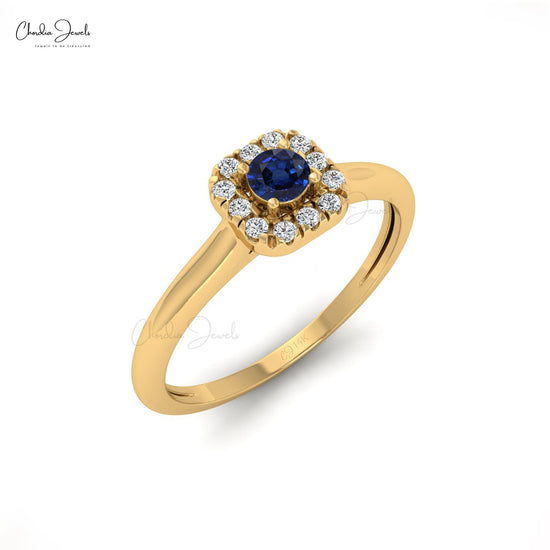 Load image into Gallery viewer, September Birthstone 3mm Round Cut Natural Blue Sapphire and Diamond Halo Ring For Engagement in 14k Solid Gold
