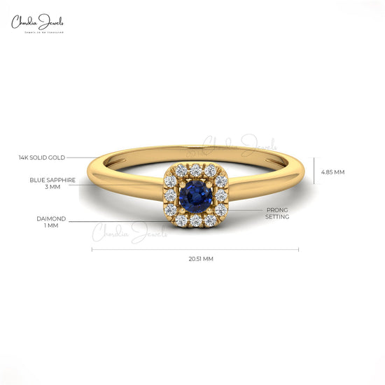Load image into Gallery viewer, September Birthstone 3mm Round Cut Natural Blue Sapphire and Diamond Halo Ring For Engagement in 14k Solid Gold
