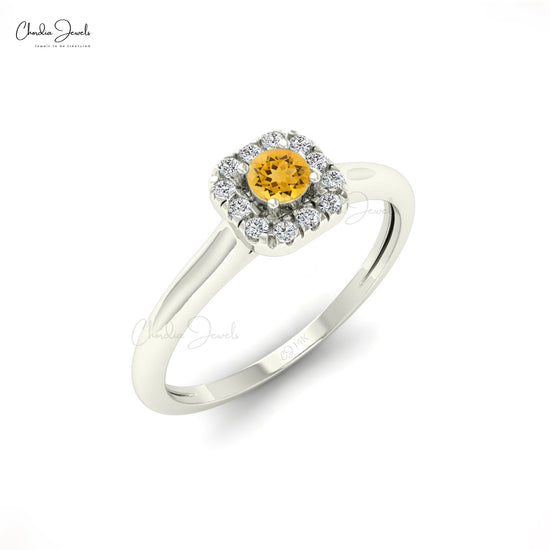 3mm Round Cut Natural Citrine Halo Ring For Wedding Gift, 14k Solid Gold Diamond and Gemstone Ring For Her